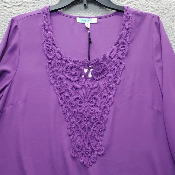 Indigo Rose Tunic Top Women Medium Purple Balloon Sleeve Crochet Lace Scoop Neck - Picture 8 of 9